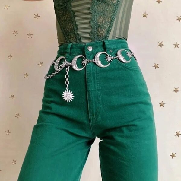 Elegant Gothic Moon Silver Pendant High Waist Metal Chain Belt for Women