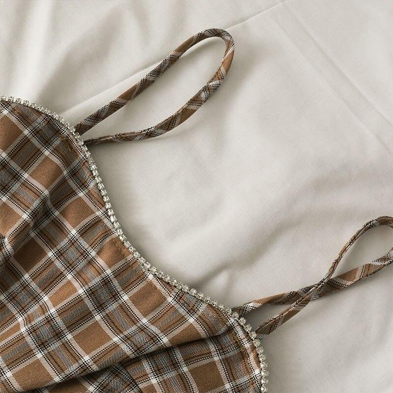 Summer Heart Shaped Camisole Crop Top Women Ringstones Plaid Spaghetti Straps Elastic Back Tank Tops