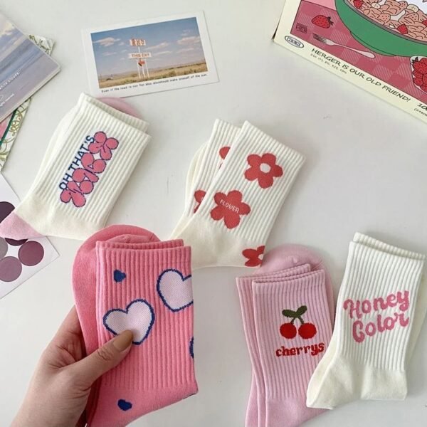 Pink Flower Cotton Mid-Tube Socks