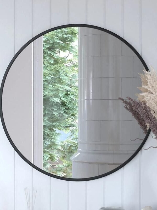 Modern 30" Black Round Wall Mounted Mirror with Backlight - Elegant Decor for Bathroom & Home