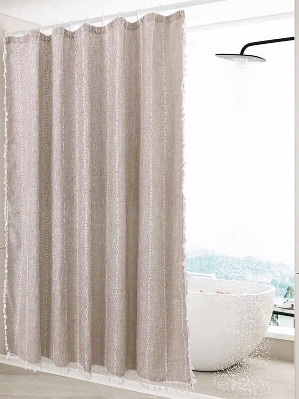 Luxurious Boho-Chic Striped Linen Cotton Shower Curtain with Tassels and Hooks