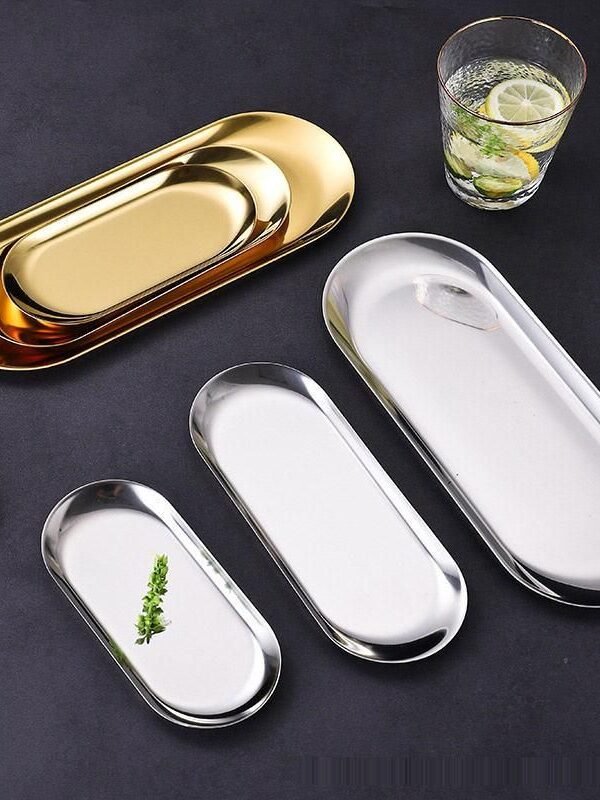 Multi-Purpose Stainless Steel Tray – Elegant Organizer for Jewelry, Cosmetics, and Snacks