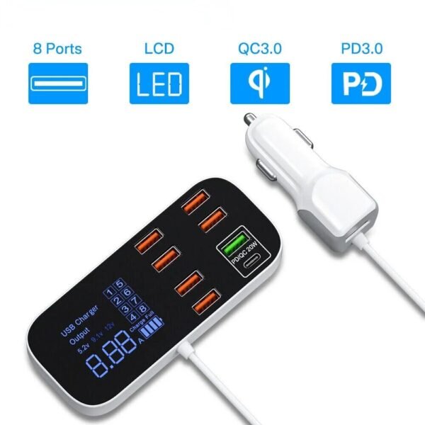 8-Port USB Car Charger with PD, QC3.0 & LED Display