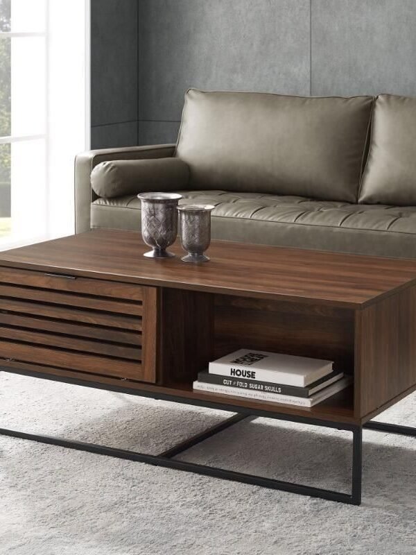 Dark Walnut Contemporary Storage Coffee Table with Slat Doors