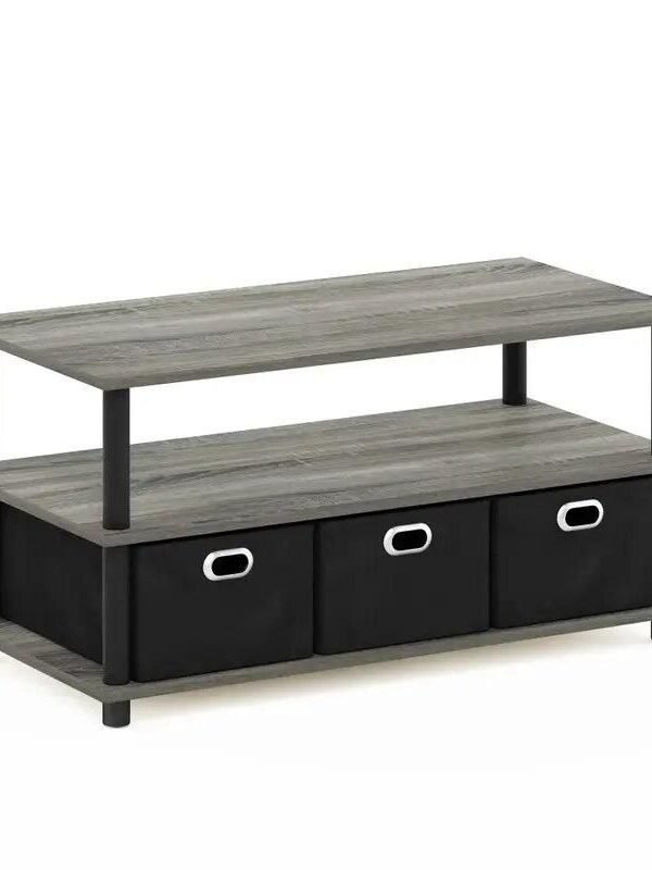 Modern Turn-N-Tube Coffee Table with Storage Bins, French Oak Grey/Black
