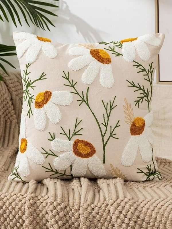 Embroidered Floral Canvas Cushion Cover