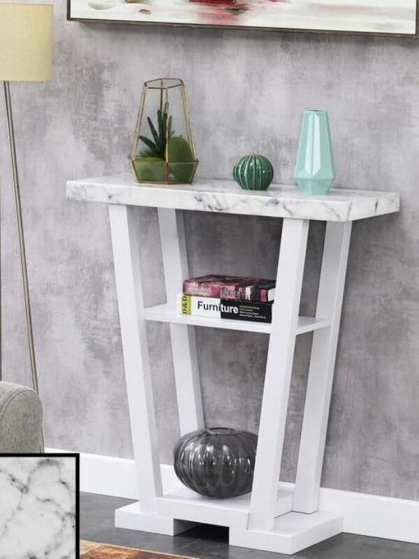 Modern White Faux Marble Console Table with Shelving