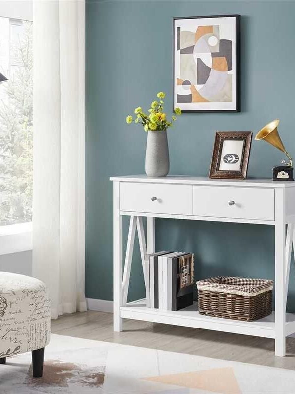 Elegant White Wooden Console Table with Drawers and Shelf