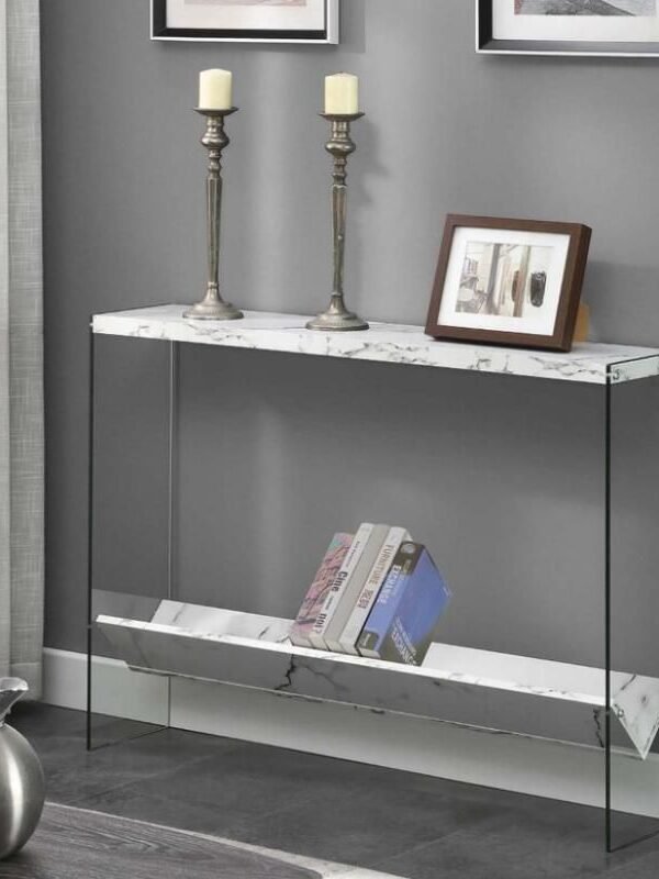 Elegant White Faux Marble & Glass Console Table with Shelf