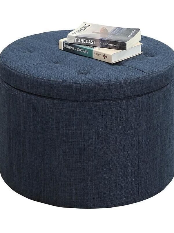 Dark Blue Linen Round Footstool with Shoe Storage