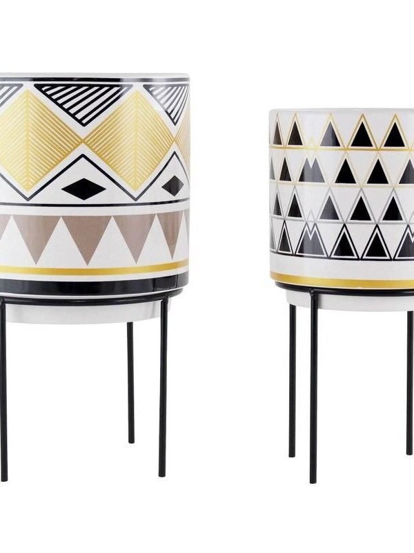 Mid-Century Modern Round Ceramic Planters with Metal Stand