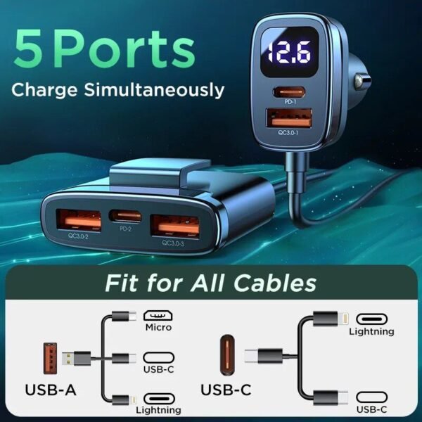 78W 5-in-1 Multi-Port Fast Car Charger with LED Voltage Display