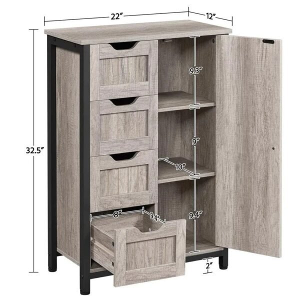 Elegant Gray Wooden Bathroom Storage Cabinet with 4 Drawers and Adjustable Shelves