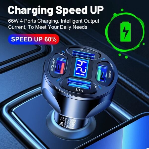 66W 4-Port Fast Charging USB Car Charger with Quick Charge 3.0
