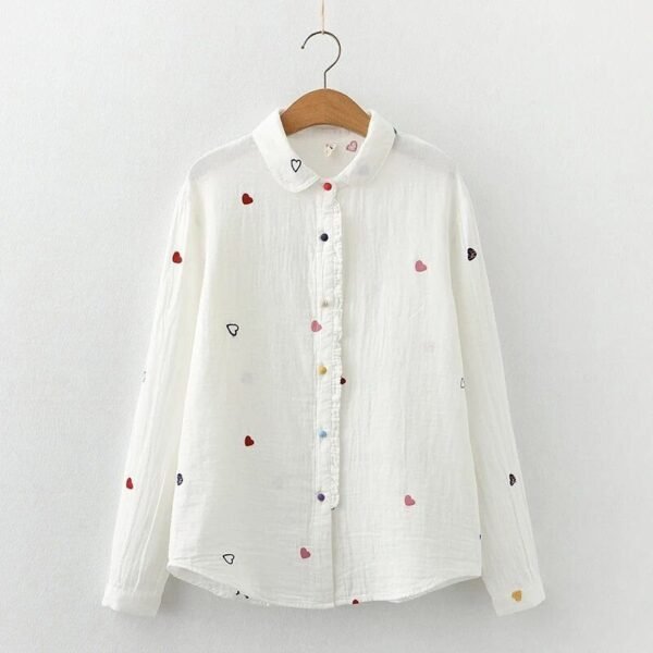 Love Heart Print Women's Long Sleeve Cotton Blouse