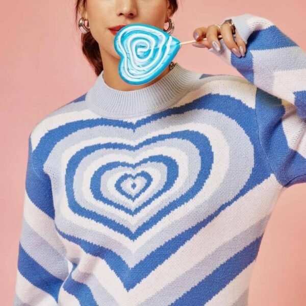 Colorful Heart Print Knit Turtleneck Sweater