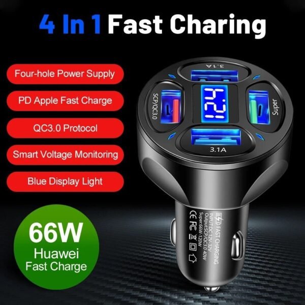 66W 4-Port Fast Charging USB Car Charger with Quick Charge 3.0