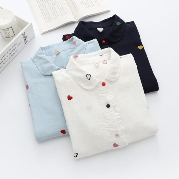 Love Heart Print Women's Long Sleeve Cotton Blouse