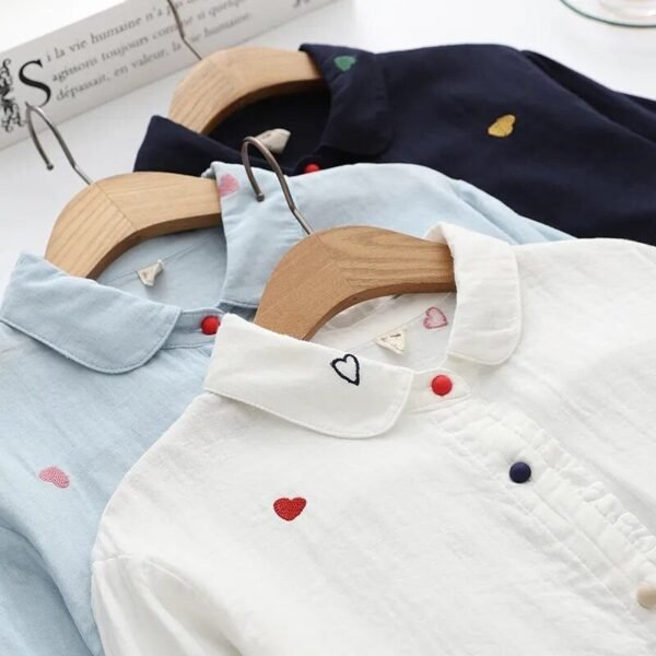 Love Heart Print Women's Long Sleeve Cotton Blouse